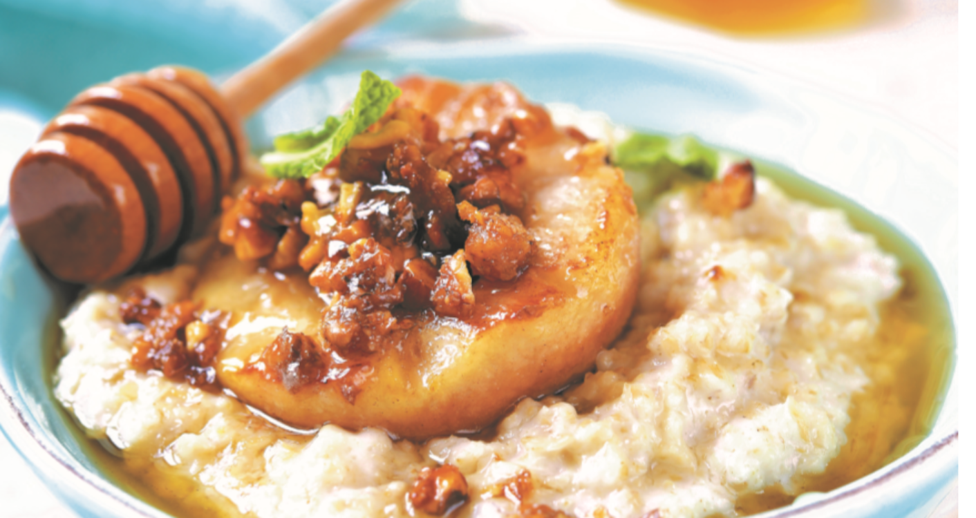 Papas de aveia com pera e nozes caramelizadas