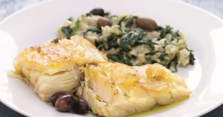 Bacalhau com migas e espinafres